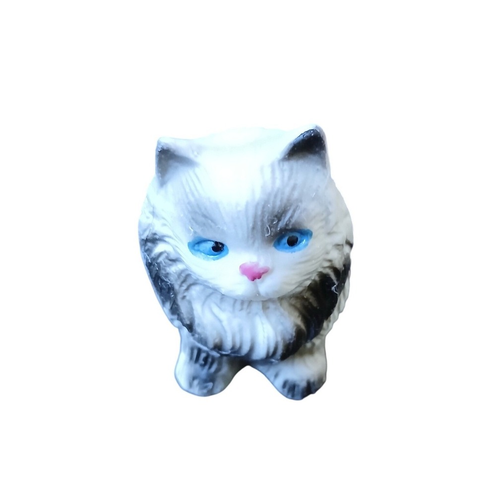 Miniature Ceramic Fluffy Cat Figurine Blue Eyes White‎ Grey Persian Himalayan 2"